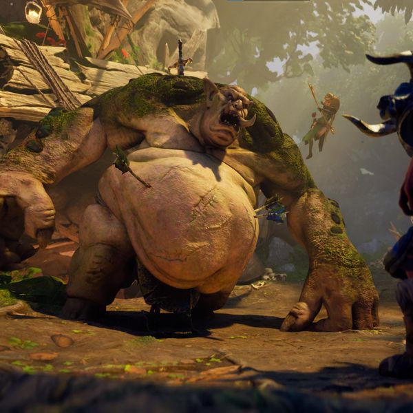 The Ogre Boss enemy fighting a Warrior and Hunter.