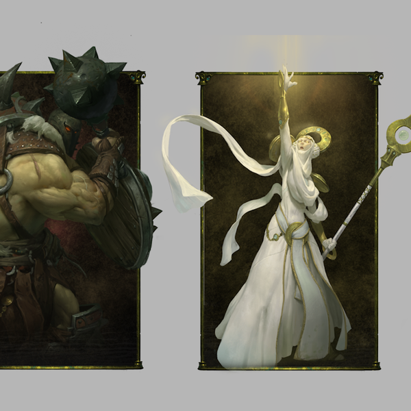 Concept art for the Warrior, Priest, and Rogue classes.