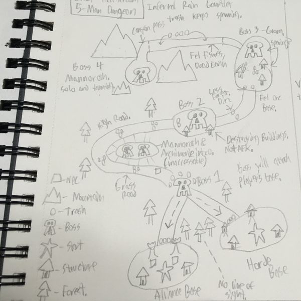 Level Design Document version 1.0.  At first I had two starting bases, one the the Horde and one for the Alliance.  The idea was to show that while they were working together, neither faction trusted each other.  What really happened, was that players got stuck in a dead end by going to the wrong base, or just never saw the other faction.